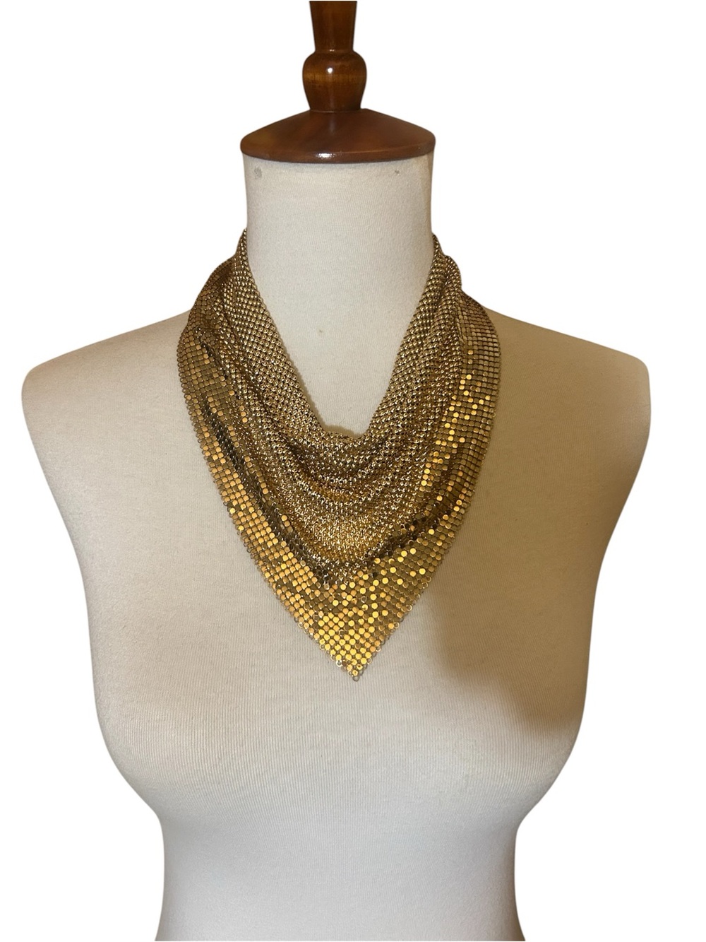 Whiting & Davis Gold Mesh Draped Necklace Vintage Disco Signed Two Tone 1970s
